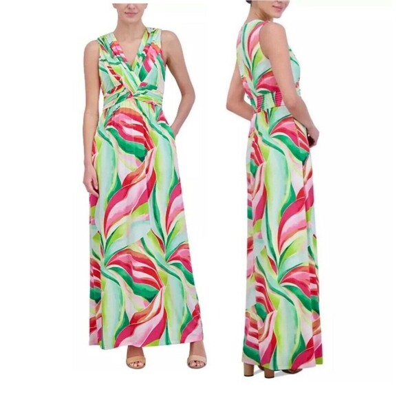 Jessica Howard Maxi Dress Sz 6 Green Pink Tropical Floral Front Knot V-Neck - Picture 1 of 11